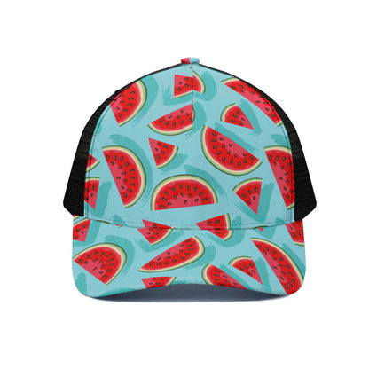 Blue Watermelon Pieces Pattern Print Black Mesh Trucker Cap