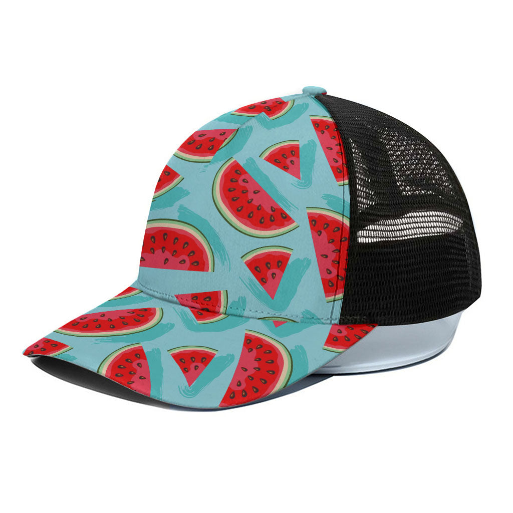 Blue Watermelon Pieces Pattern Print Black Mesh Trucker Cap