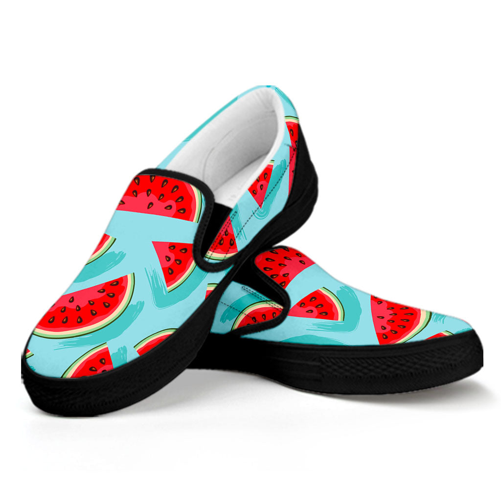 Blue Watermelon Pieces Pattern Print Black Slip On Sneakers