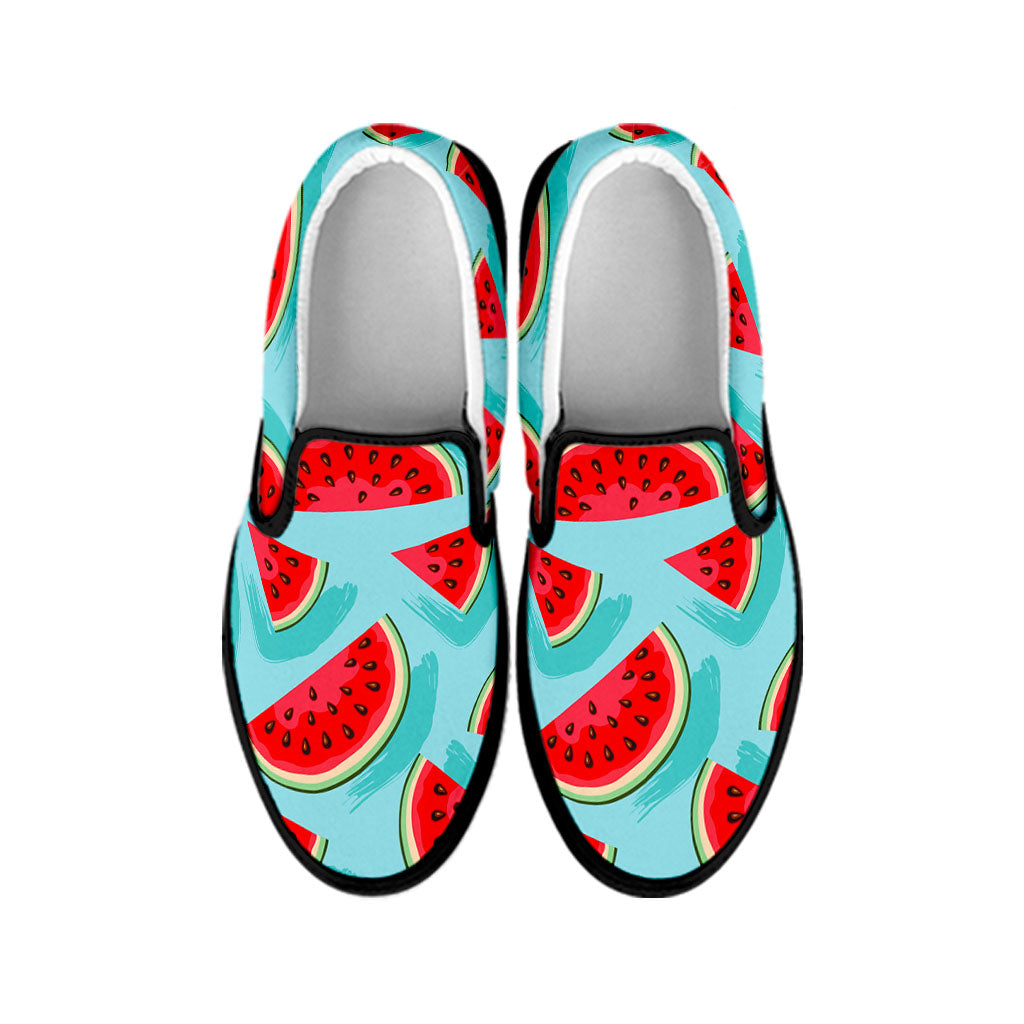 Blue Watermelon Pieces Pattern Print Black Slip On Sneakers