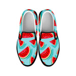 Blue Watermelon Pieces Pattern Print Black Slip On Sneakers