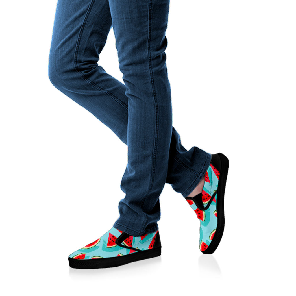 Blue Watermelon Pieces Pattern Print Black Slip On Sneakers