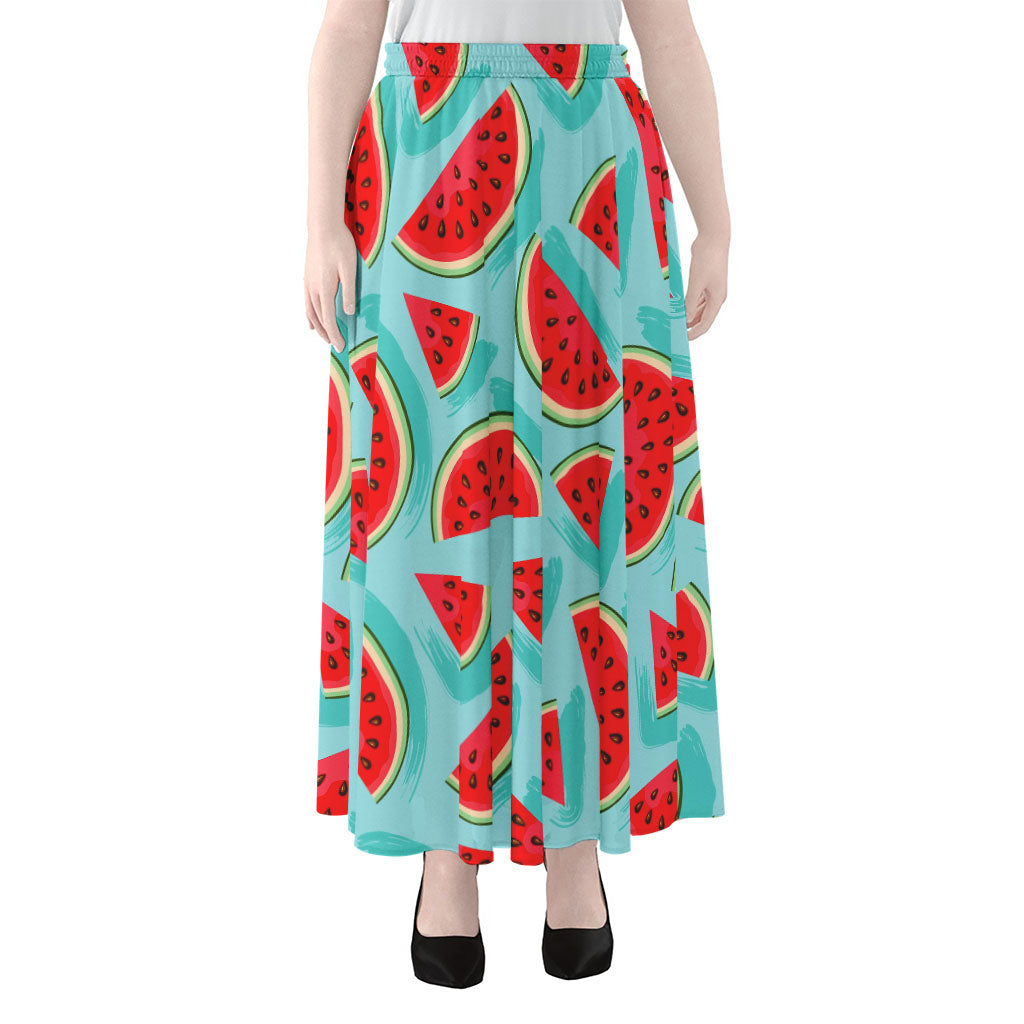 Blue Watermelon Pieces Pattern Print Chiffon Maxi Skirt