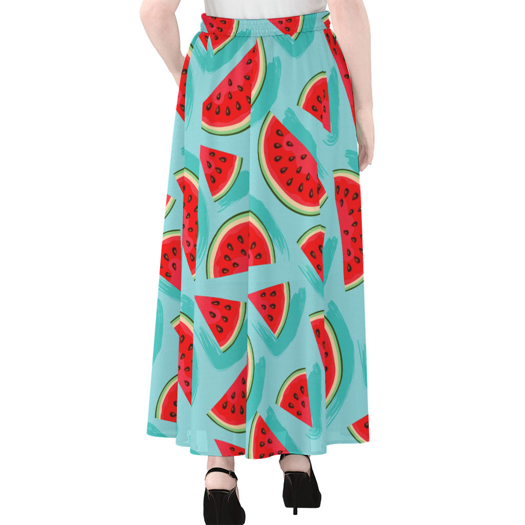 Blue Watermelon Pieces Pattern Print Chiffon Maxi Skirt