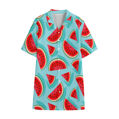 Blue Watermelon Pieces Pattern Print Cotton Hawaiian Shirt