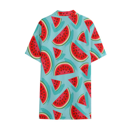 Blue Watermelon Pieces Pattern Print Cotton Hawaiian Shirt
