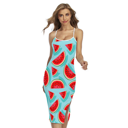 Blue Watermelon Pieces Pattern Print Cross Back Cami Dress