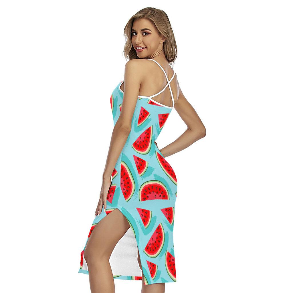 Blue Watermelon Pieces Pattern Print Cross Back Cami Dress