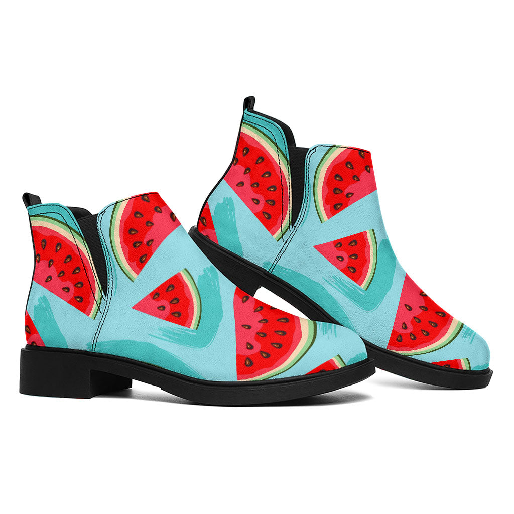 Blue Watermelon Pieces Pattern Print Flat Ankle Boots
