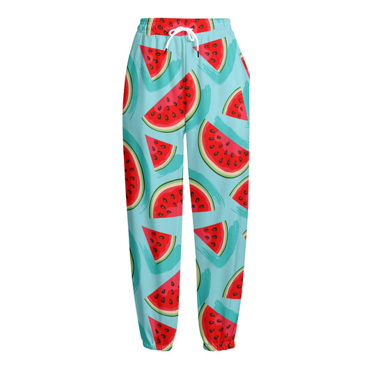 Blue Watermelon Pieces Pattern Print Fleece Lined Knit Pants