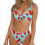 Blue Watermelon Pieces Pattern Print Front Bow Tie Bikini