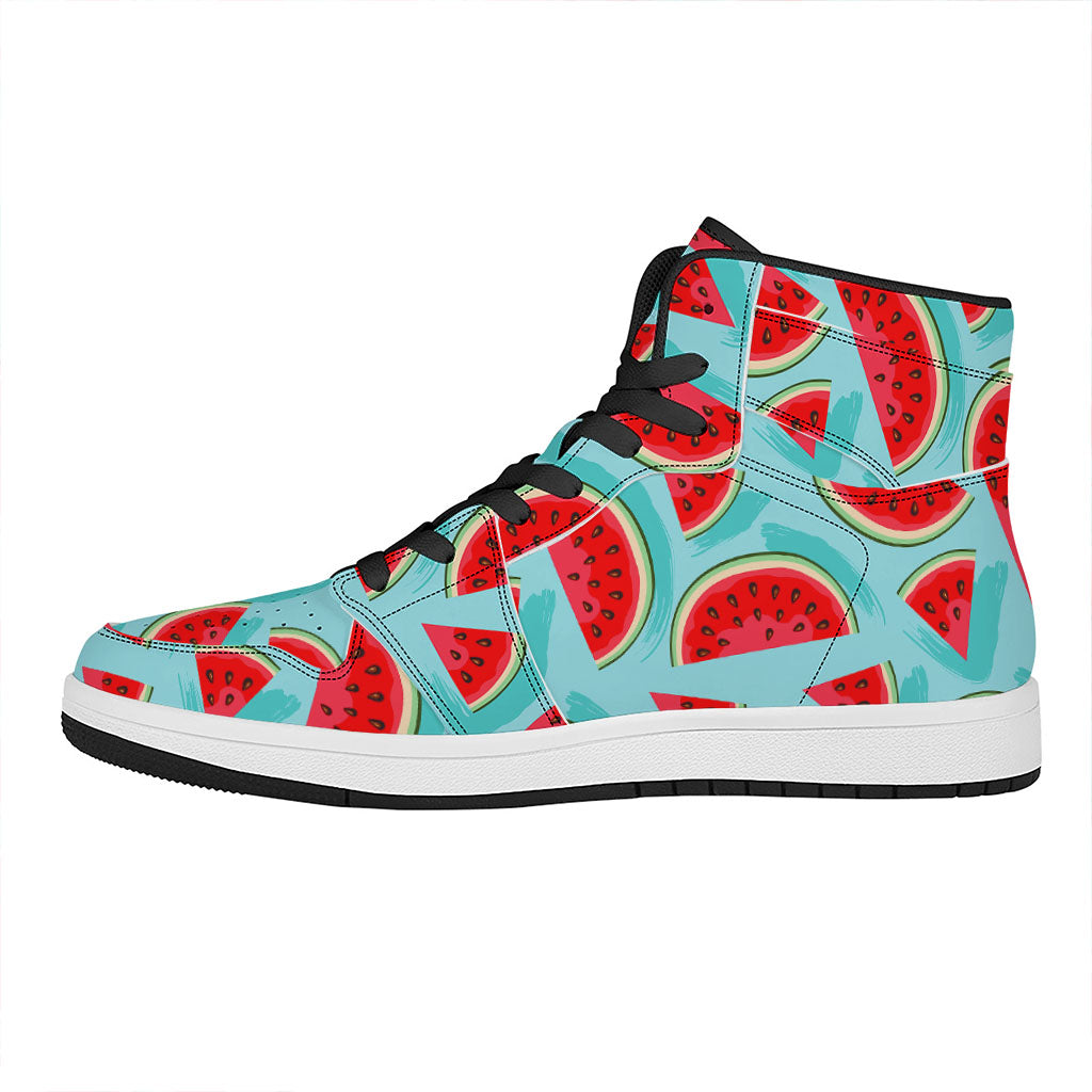 Blue Watermelon Pieces Pattern Print High Top Leather Sneakers