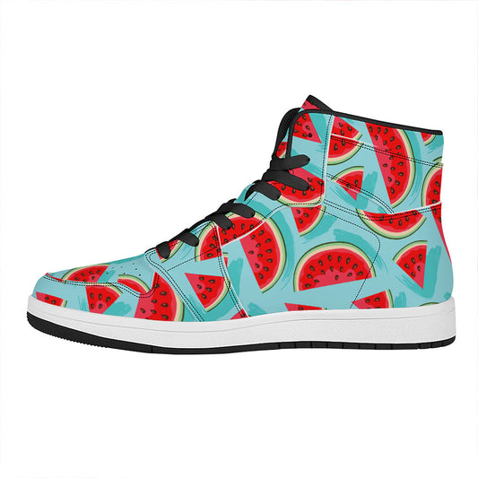 Blue Watermelon Pieces Pattern Print High Top Leather Sneakers