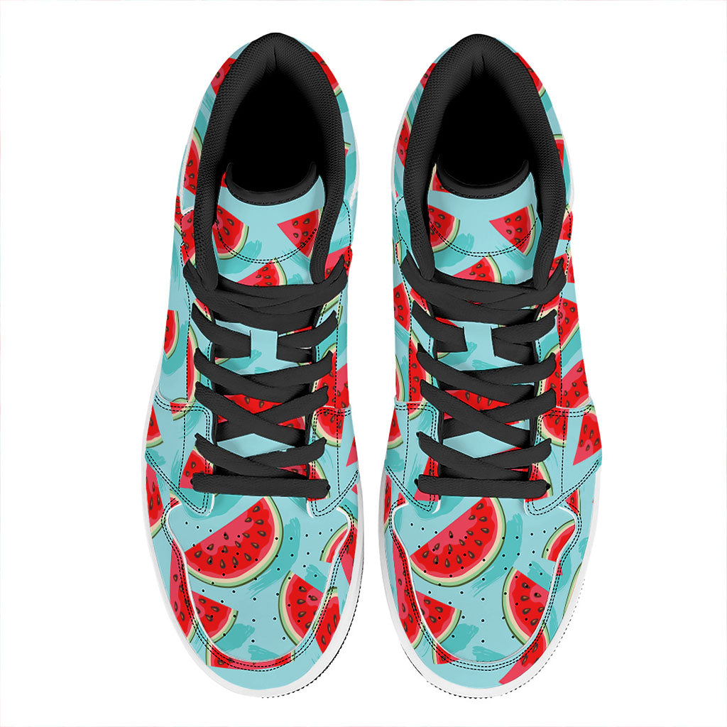 Blue Watermelon Pieces Pattern Print High Top Leather Sneakers
