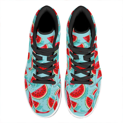 Blue Watermelon Pieces Pattern Print High Top Leather Sneakers