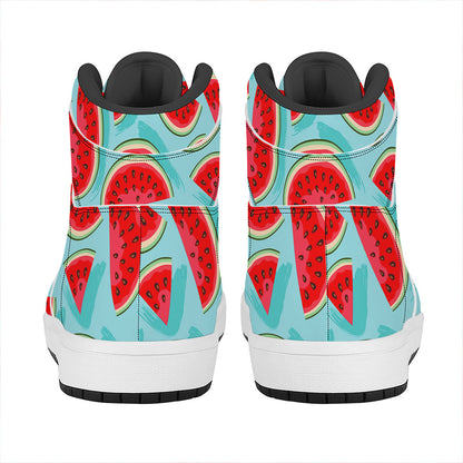 Blue Watermelon Pieces Pattern Print High Top Leather Sneakers