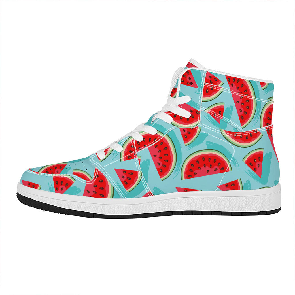 Blue Watermelon Pieces Pattern Print High Top Leather Sneakers