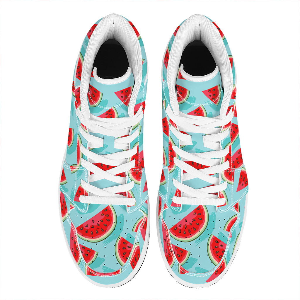 Blue Watermelon Pieces Pattern Print High Top Leather Sneakers