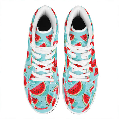 Blue Watermelon Pieces Pattern Print High Top Leather Sneakers