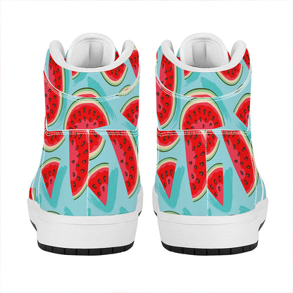 Blue Watermelon Pieces Pattern Print High Top Leather Sneakers