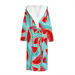 Blue Watermelon Pieces Pattern Print Hooded Bathrobe