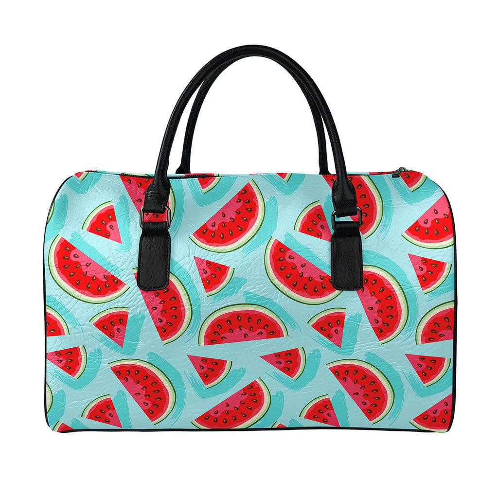 Blue Watermelon Pieces Pattern Print Leather Duffle Bag