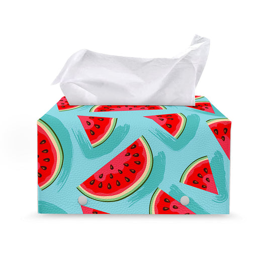 Blue Watermelon Pieces Pattern Print Leather Tissue Box Cover