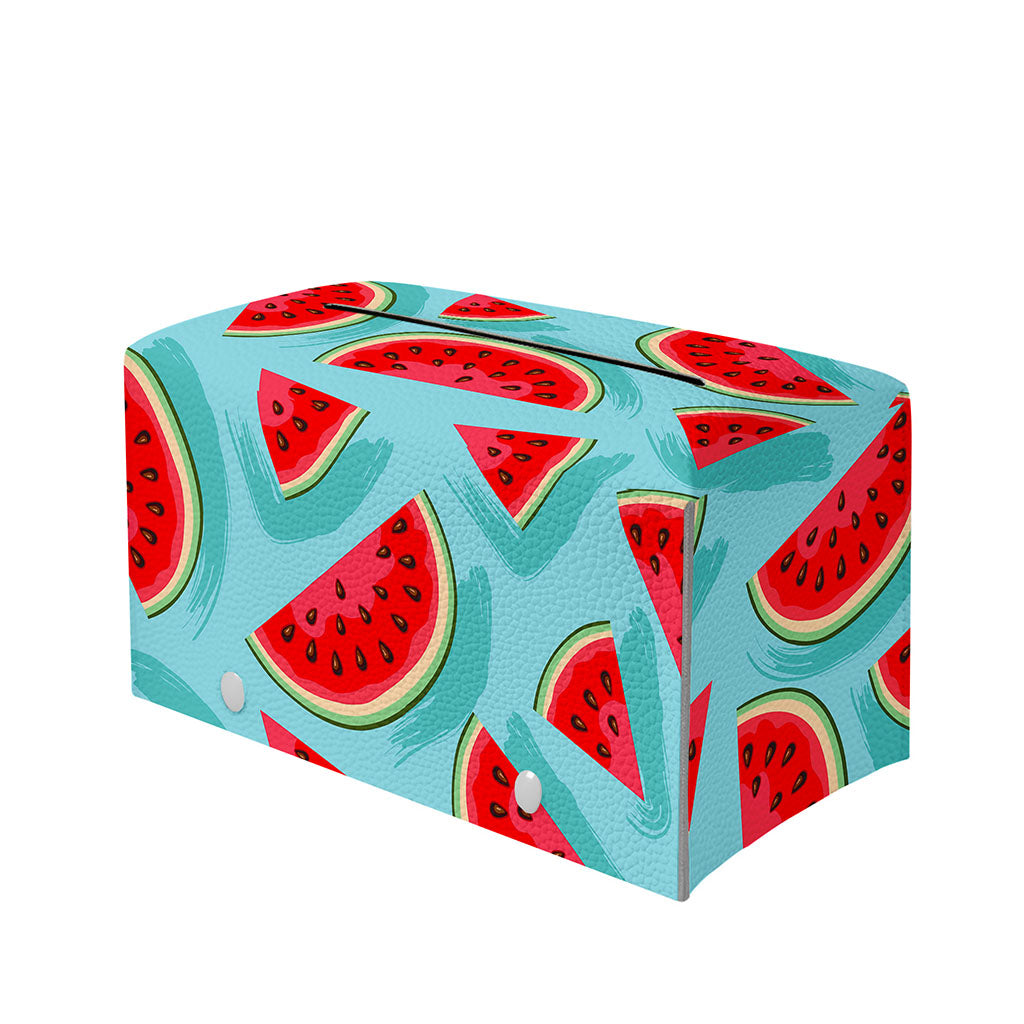 Blue Watermelon Pieces Pattern Print Leather Tissue Box Cover