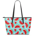 Blue Watermelon Pieces Pattern Print Leather Tote Bag With Zipper