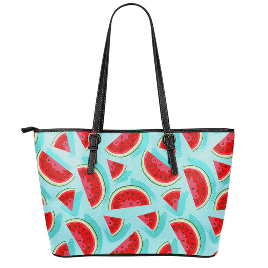 Blue Watermelon Pieces Pattern Print Leather Tote Bag