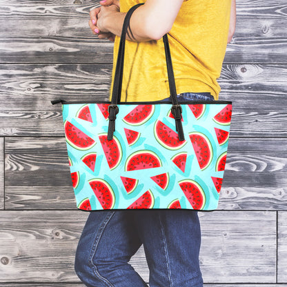 Blue Watermelon Pieces Pattern Print Leather Tote Bag