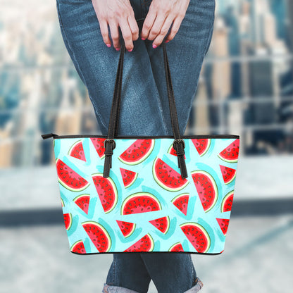 Blue Watermelon Pieces Pattern Print Leather Tote Bag