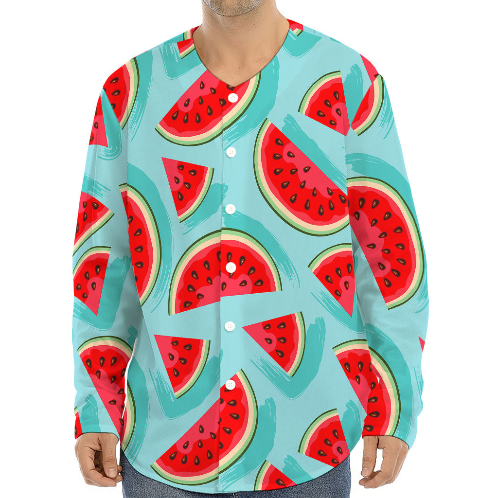 Blue Watermelon Pieces Pattern Print Long Sleeve Baseball Jersey