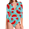 Blue Watermelon Pieces Pattern Print Long Sleeve Swimsuit