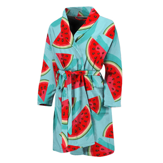 Blue Watermelon Pieces Pattern Print Men's Bathrobe