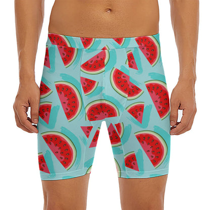 Blue Watermelon Pieces Pattern Print Men's Long Boxer Briefs