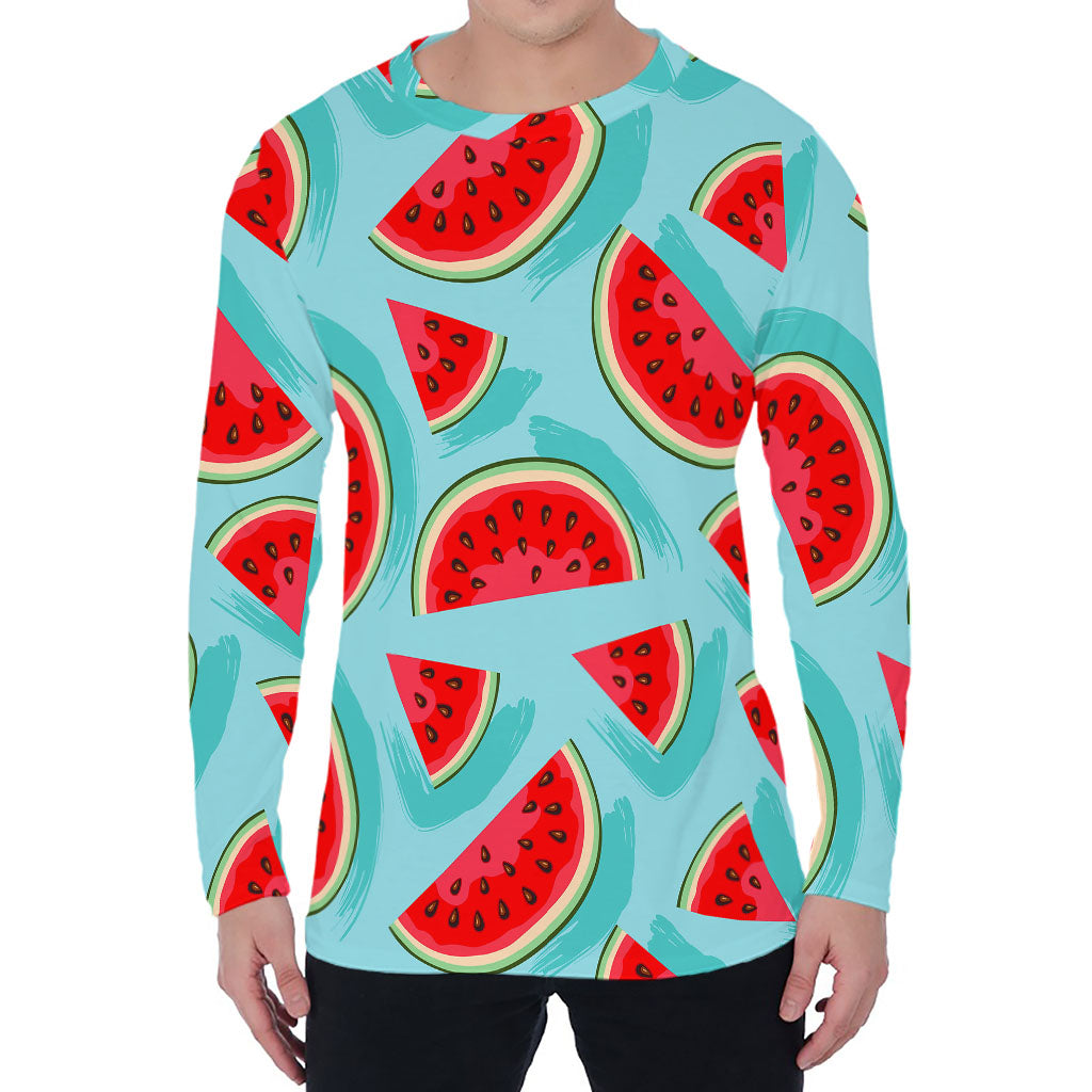Blue Watermelon Pieces Pattern Print Men's Long Sleeve T-Shirt