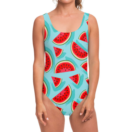 Blue Watermelon Pieces Pattern Print One Piece Swimsuit