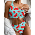 Blue Watermelon Pieces Pattern Print One Shoulder Bikini Set