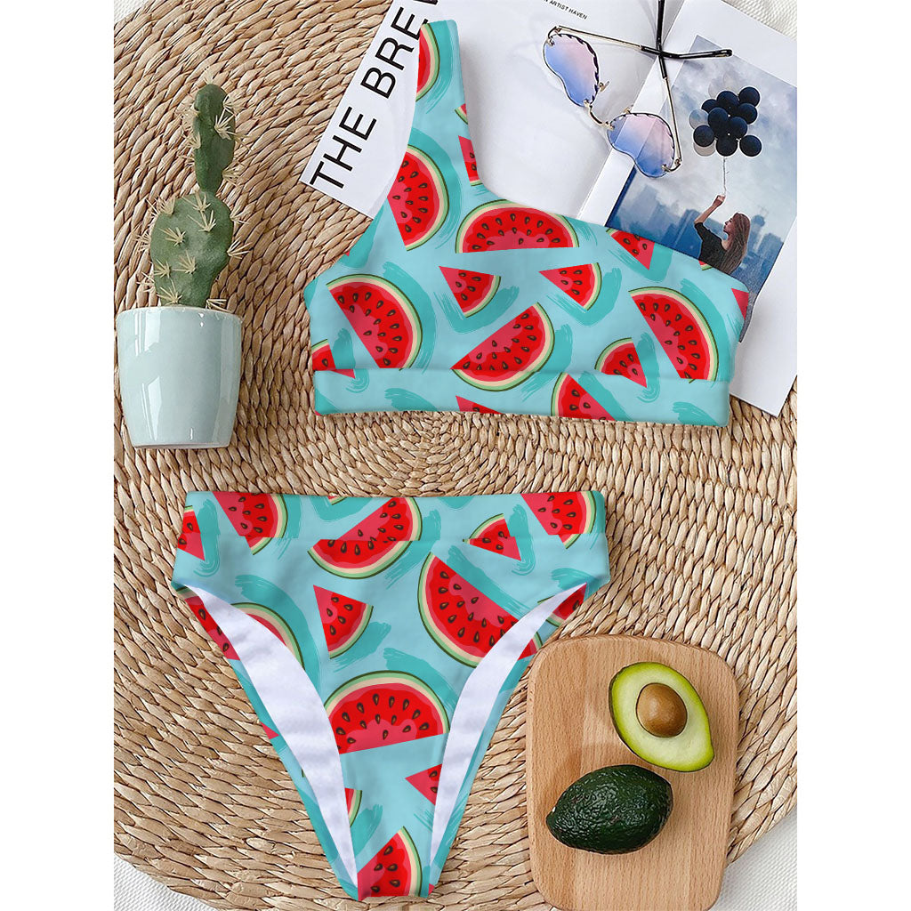 Blue Watermelon Pieces Pattern Print One Shoulder Bikini Top