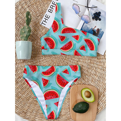 Blue Watermelon Pieces Pattern Print One Shoulder Bikini Top