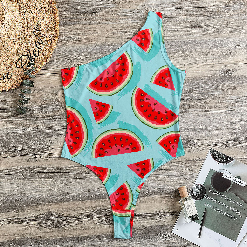 Blue Watermelon Pieces Pattern Print One Shoulder Bodysuit