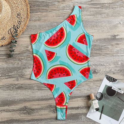 Blue Watermelon Pieces Pattern Print One Shoulder Bodysuit