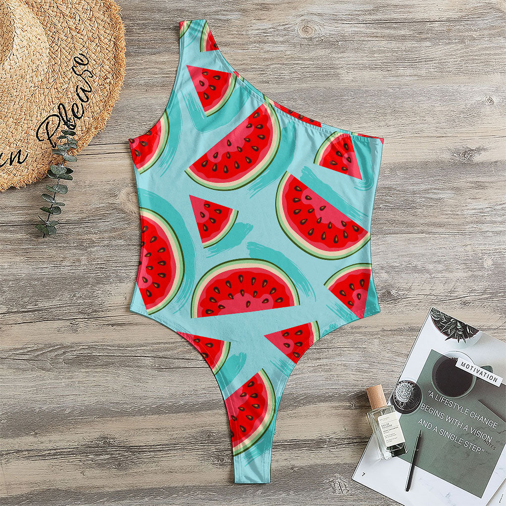 Blue Watermelon Pieces Pattern Print One Shoulder Bodysuit