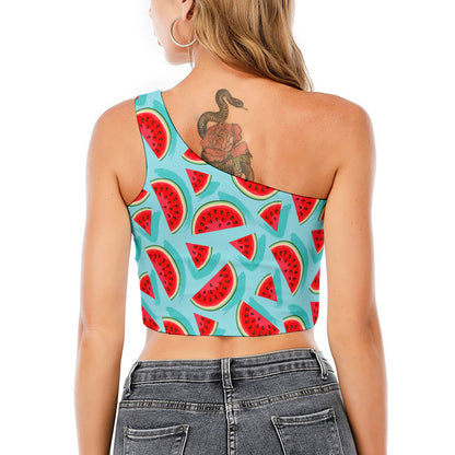 Blue Watermelon Pieces Pattern Print One Shoulder Crop Top