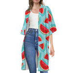 Blue Watermelon Pieces Pattern Print Open Front Beach Cover Up