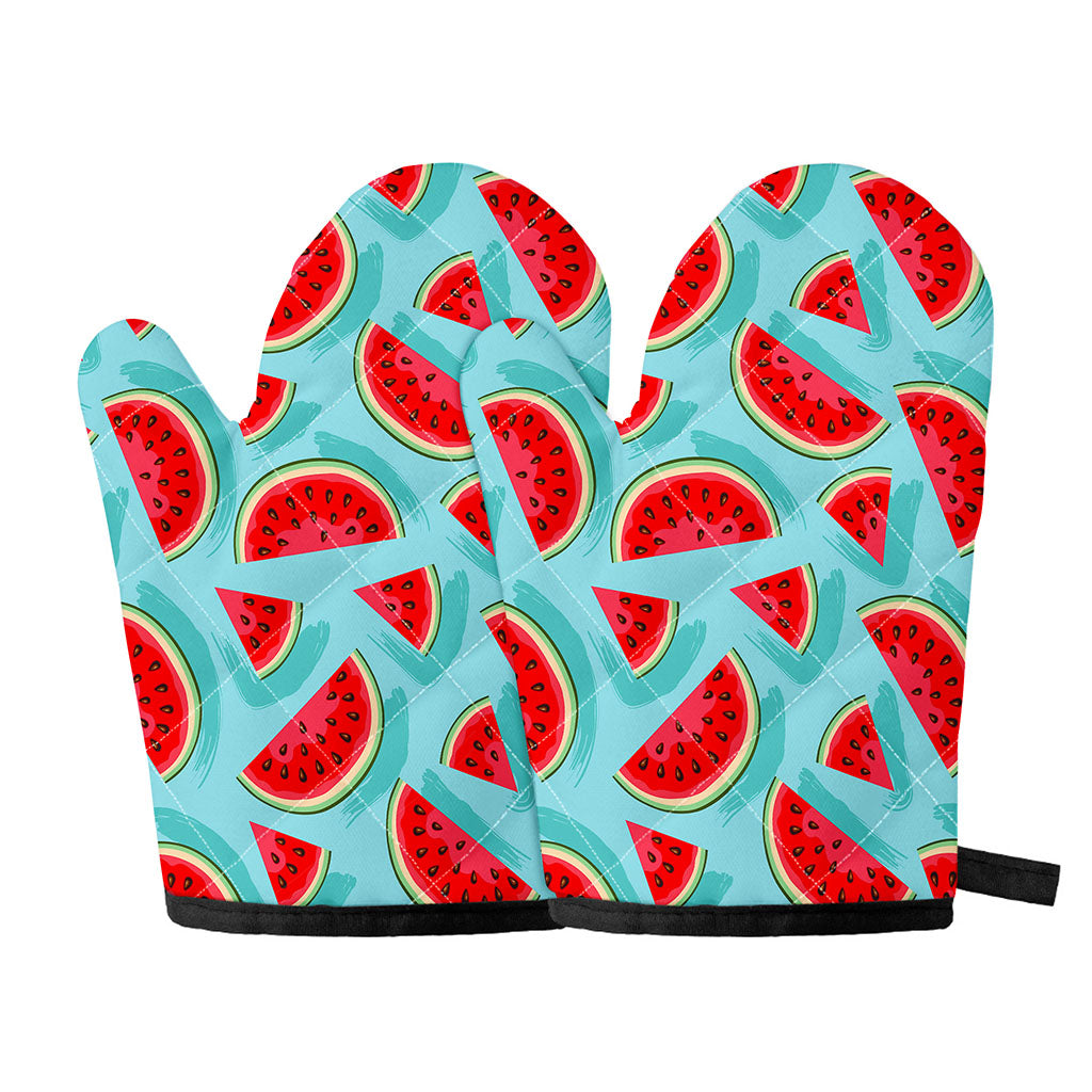 Blue Watermelon Pieces Pattern Print Oven Mitts