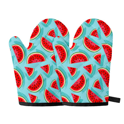 Blue Watermelon Pieces Pattern Print Oven Mitts
