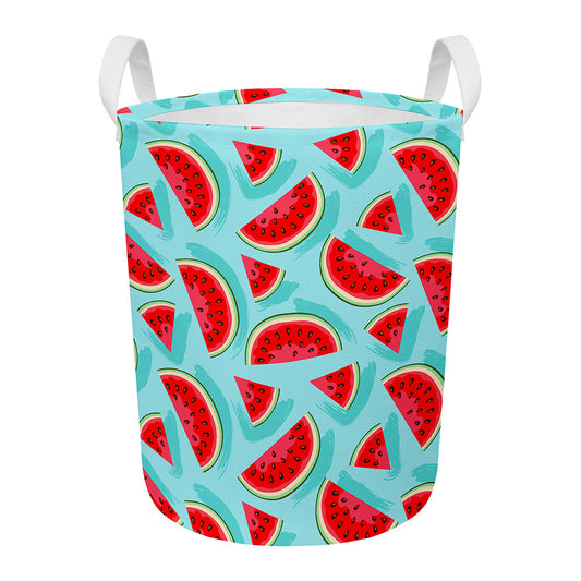 Blue Watermelon Pieces Pattern Print Round Laundry Basket