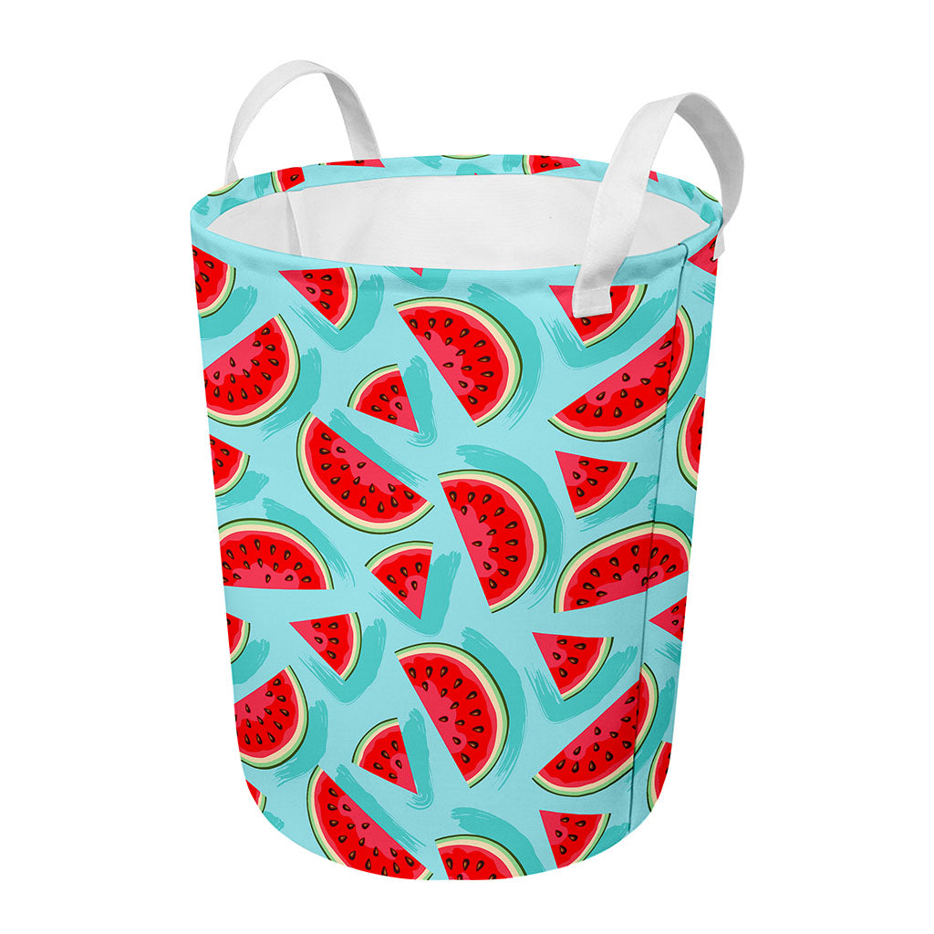 Blue Watermelon Pieces Pattern Print Round Laundry Basket